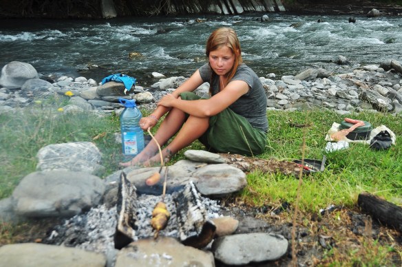 Cooking dinner over an open flame. We loved the picnic culture since so many Georgians invited us to eat!