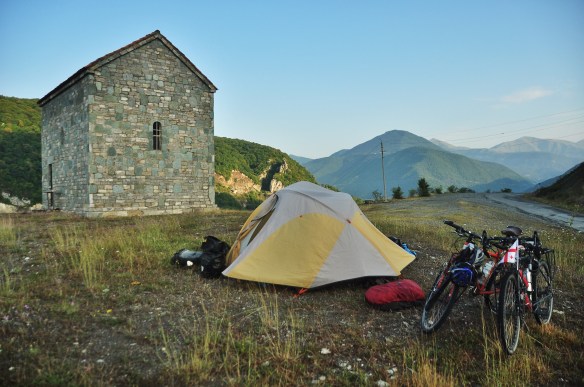 Camping next to a church.
