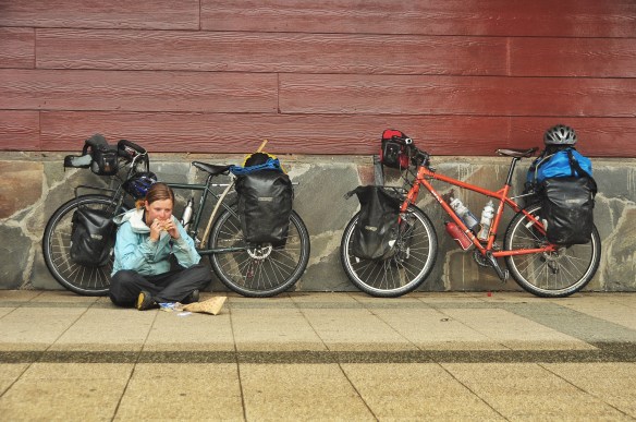Eating lunch outside the store, a common picnic spot for us now.