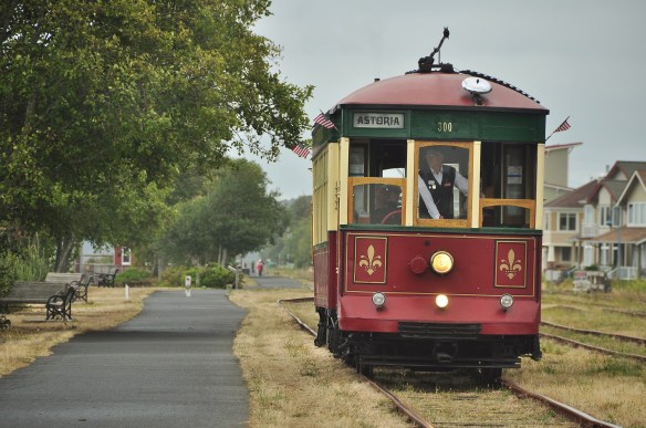 This trolley runs through downtown Astoria.